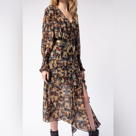 NWT $575 Iro Jorma Ruffled Printed Georgette Midi Dress In Black - Picture 4 of 11